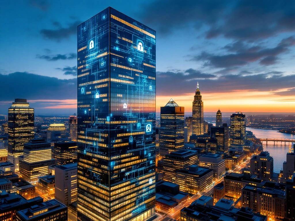 Boston downtown skyline at dusk with illuminated skyscrapers and cybersecurity-themed digital projections on office buildings