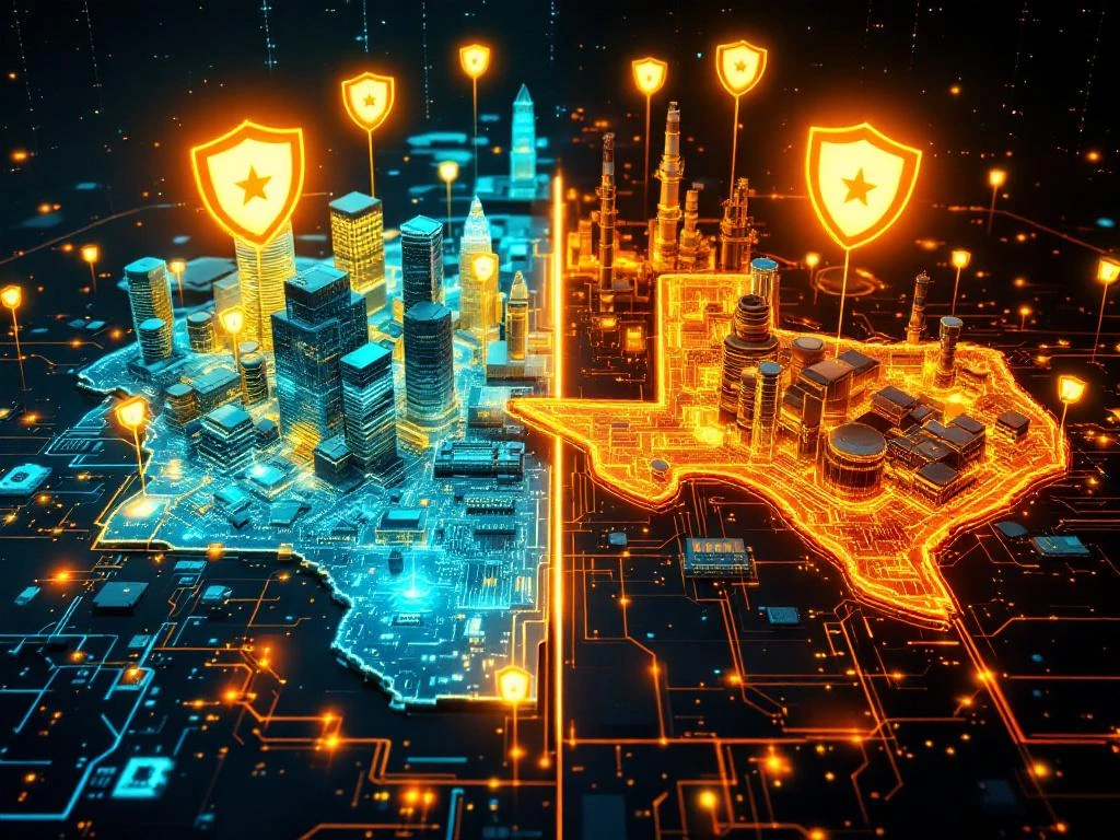 Aerial view of California and Texas as digital landscapes with cybersecurity shields, circuit patterns, and data networks.
