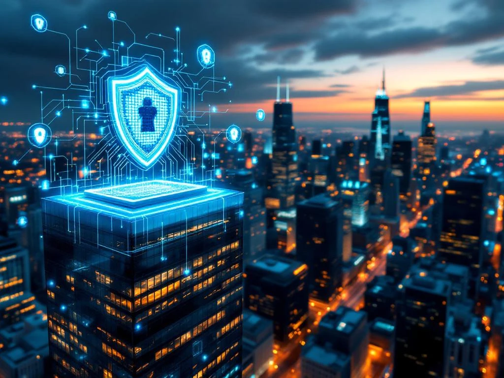 Chicago downtown skyline at dusk with illuminated skyscrapers and holographic cybersecurity shield icons over modern buildings