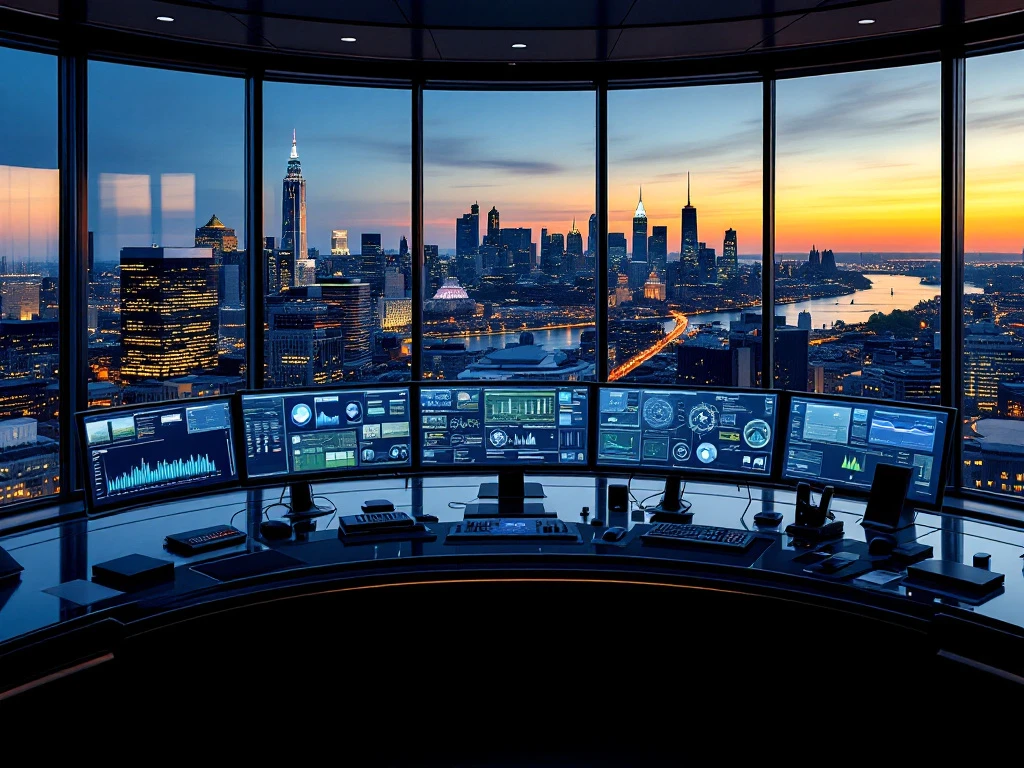 Cybersecurity command center with curved monitors displaying network data overlooking Boston skyline at dusk.