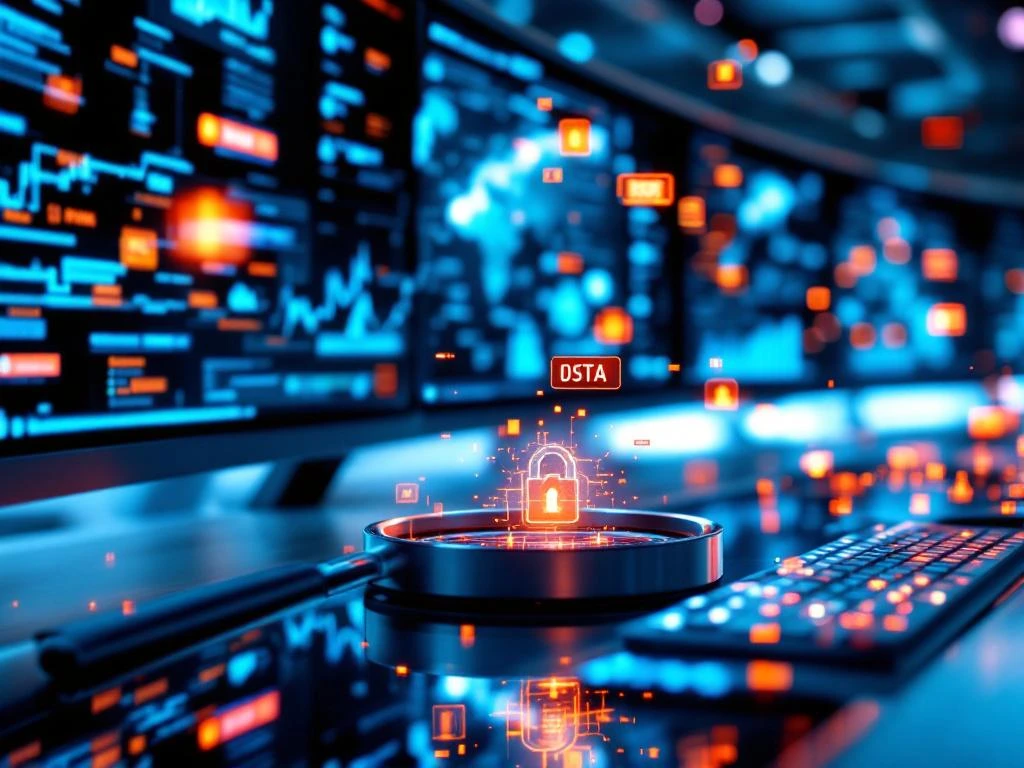 Digital security command center with curved monitors displaying data streams and floating magnifying glass over encrypted files