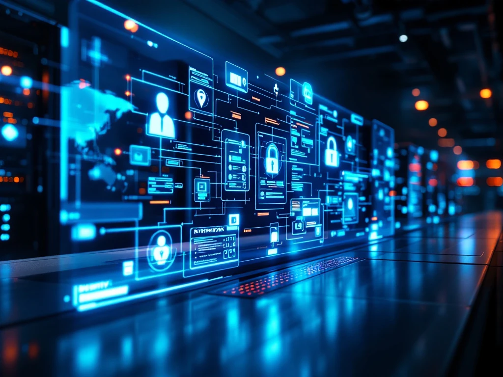 Cybersecurity command center with holographic screens displaying network diagrams and security protocols in blue lighting.