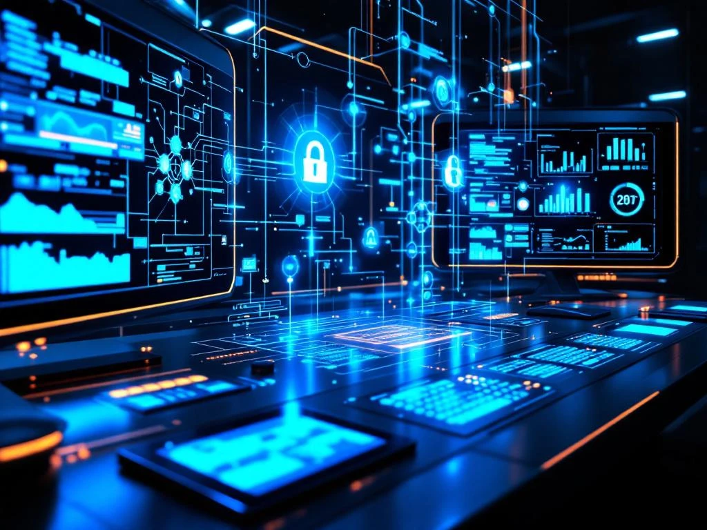 Cybersecurity command center with holographic displays showing network data, glowing control console, and fiber optic cables