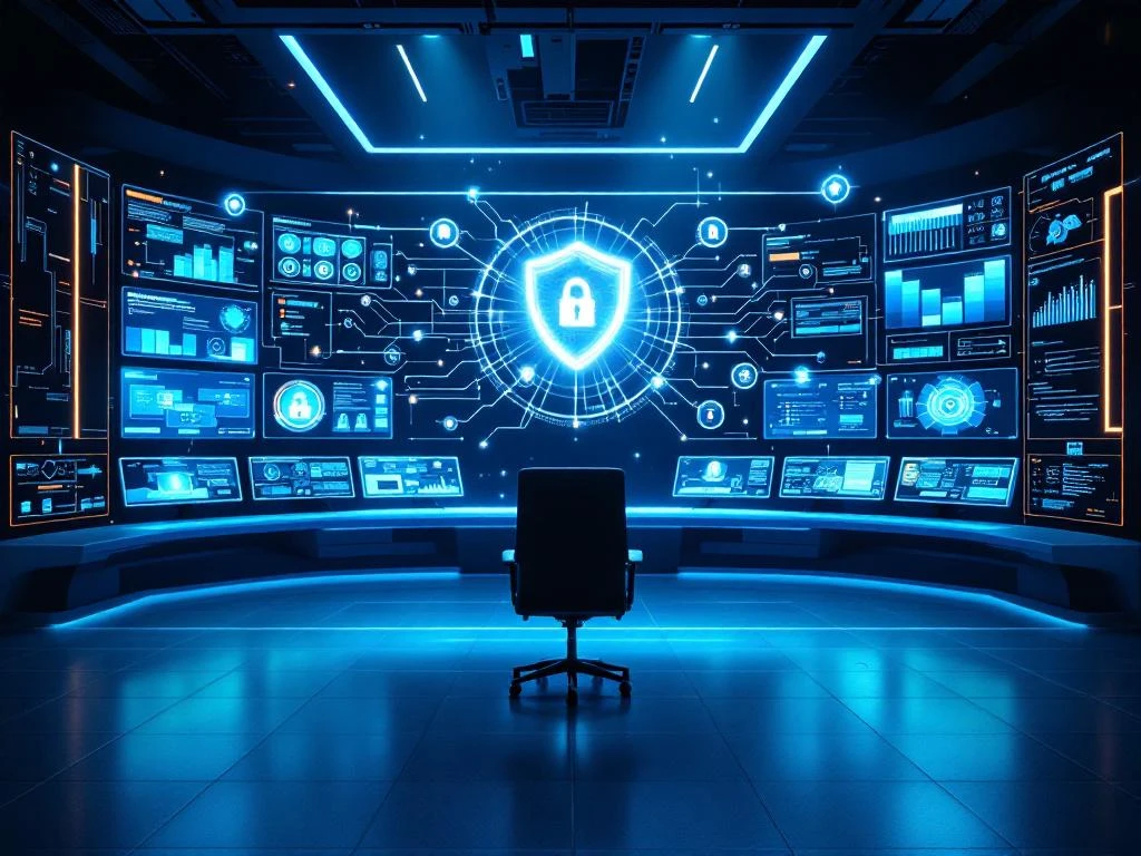 Cybersecurity command center with glowing monitors, holographic zero trust architecture, and empty executive chair