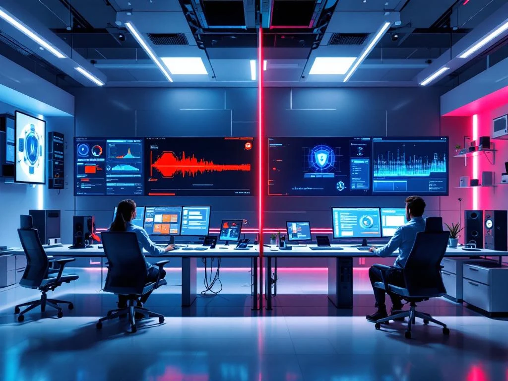 Cybersecurity command center with red team attack simulation workstation on left and blue team defense monitoring on right