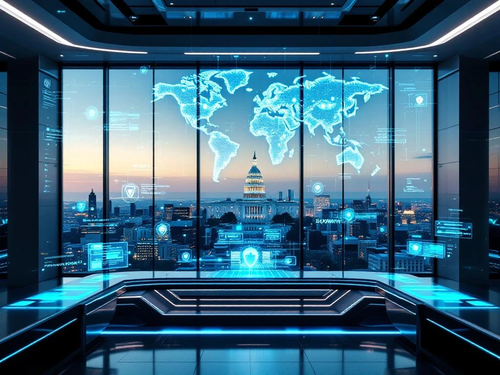 Modern cybersecurity command center with holographic displays showing global threat maps, overlooking Washington DC Capitol building