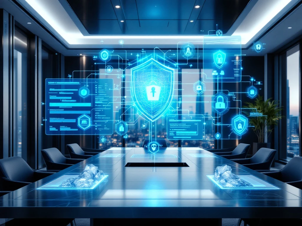 Modern office with holographic network security displays above conference table, showing digital data streams and organizational charts