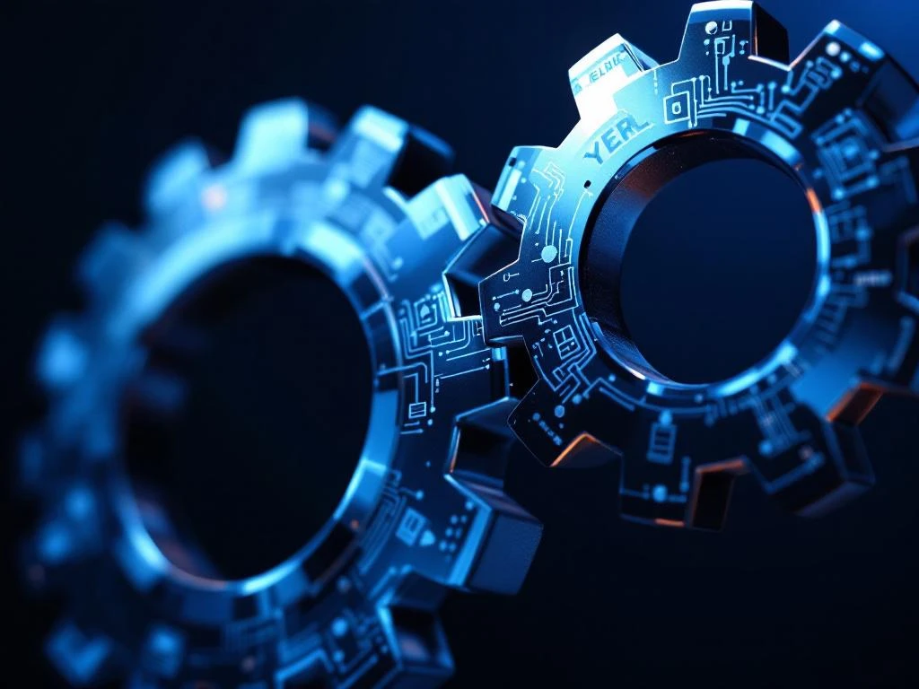 Two interlocking metallic gears with cybersecurity circuits and legal symbols, representing collaboration between security teams.