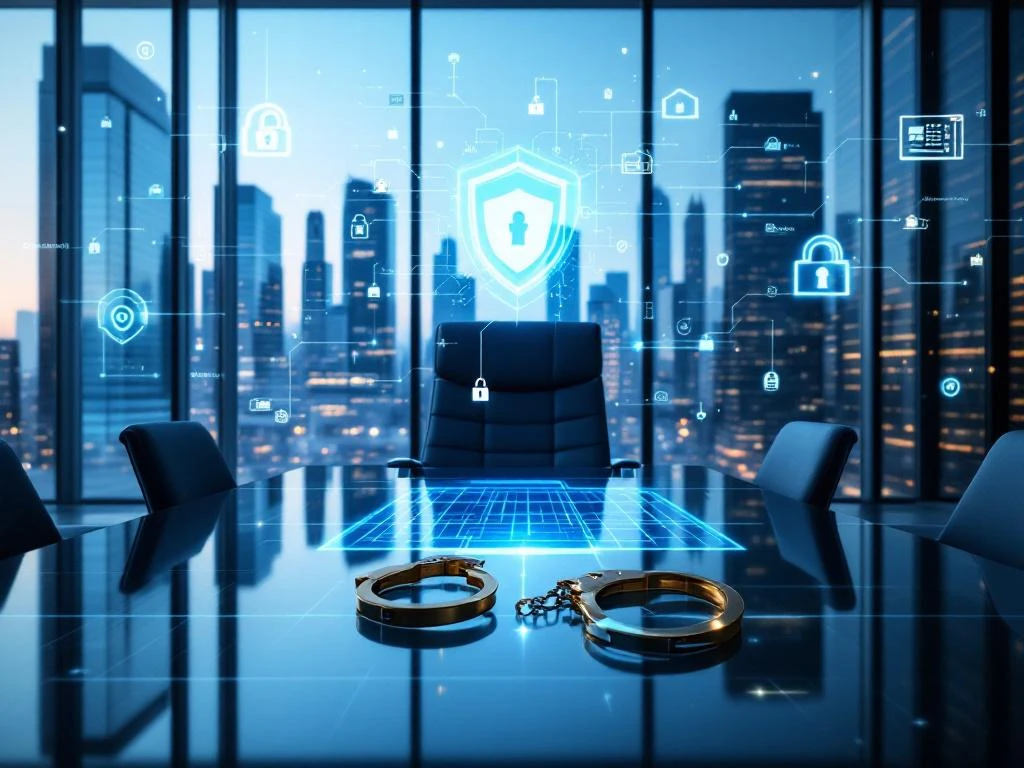 Empty executive chair at conference table with golden handcuffs and glowing cybersecurity hologram in modern office