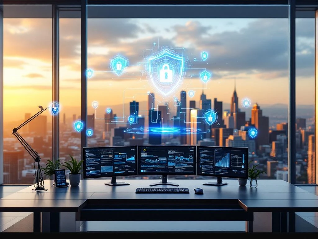Modern office with cybersecurity monitors displaying network diagrams overlooks Silicon Valley skyline at sunset