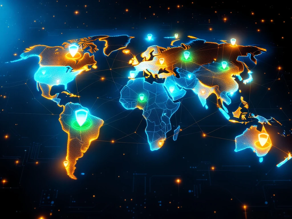 Aerial view of illuminated world map with glowing cybersecurity network connections and colored shield icons across continents