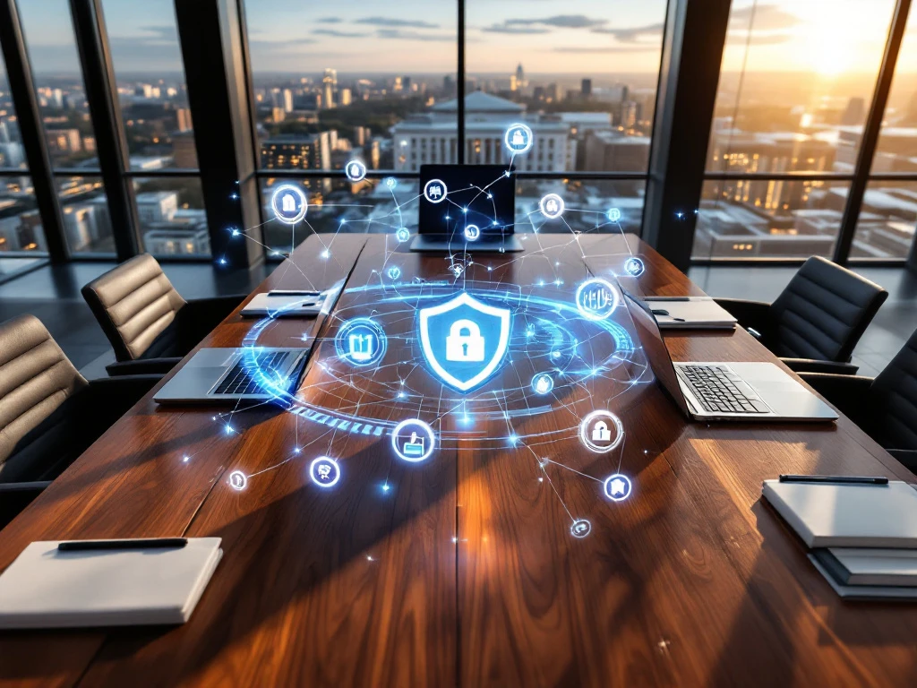 Mahogany conference table with holographic cybersecurity icons and laptops overlooking Washington DC government buildings