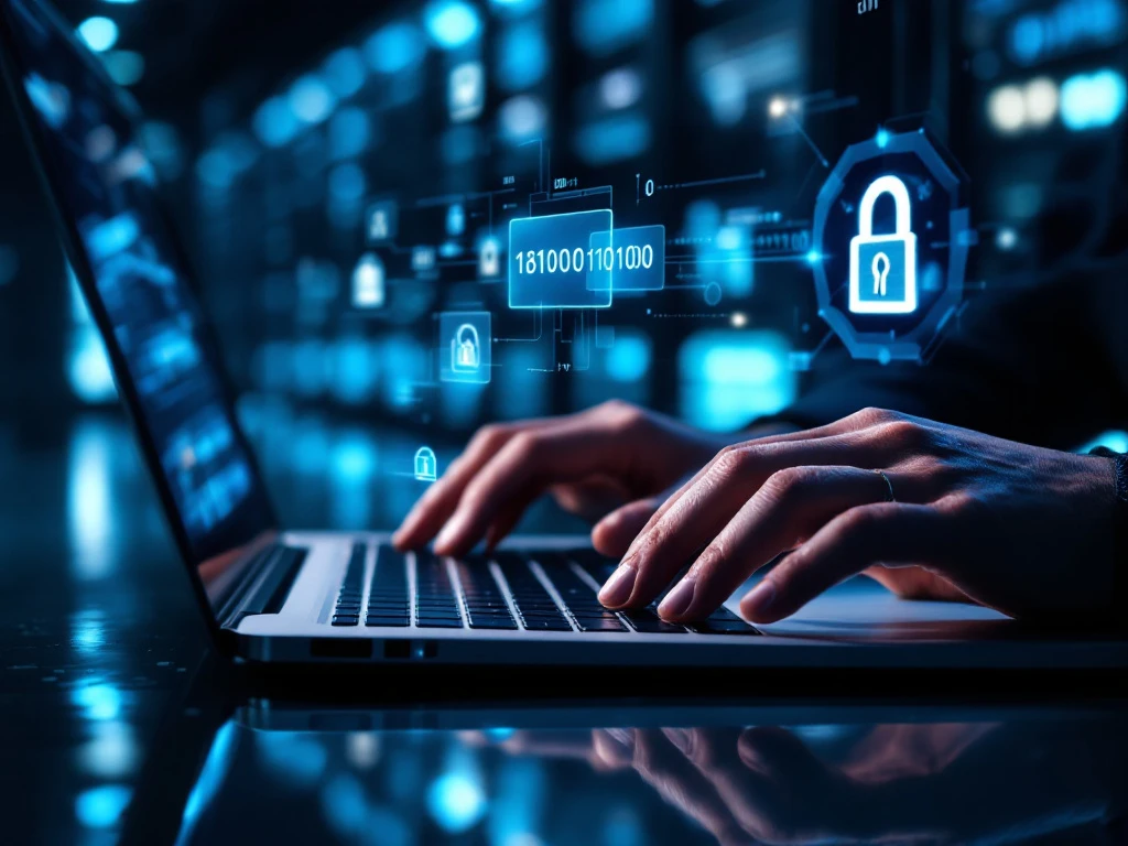 Hands typing on laptop with holographic cybersecurity icons including shields and locks floating above keyboard