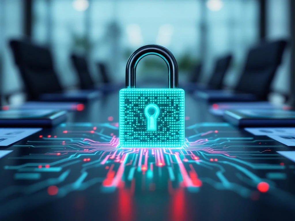 Digital security lock with green and red circuit patterns on corporate boardroom table with resumes and tablets