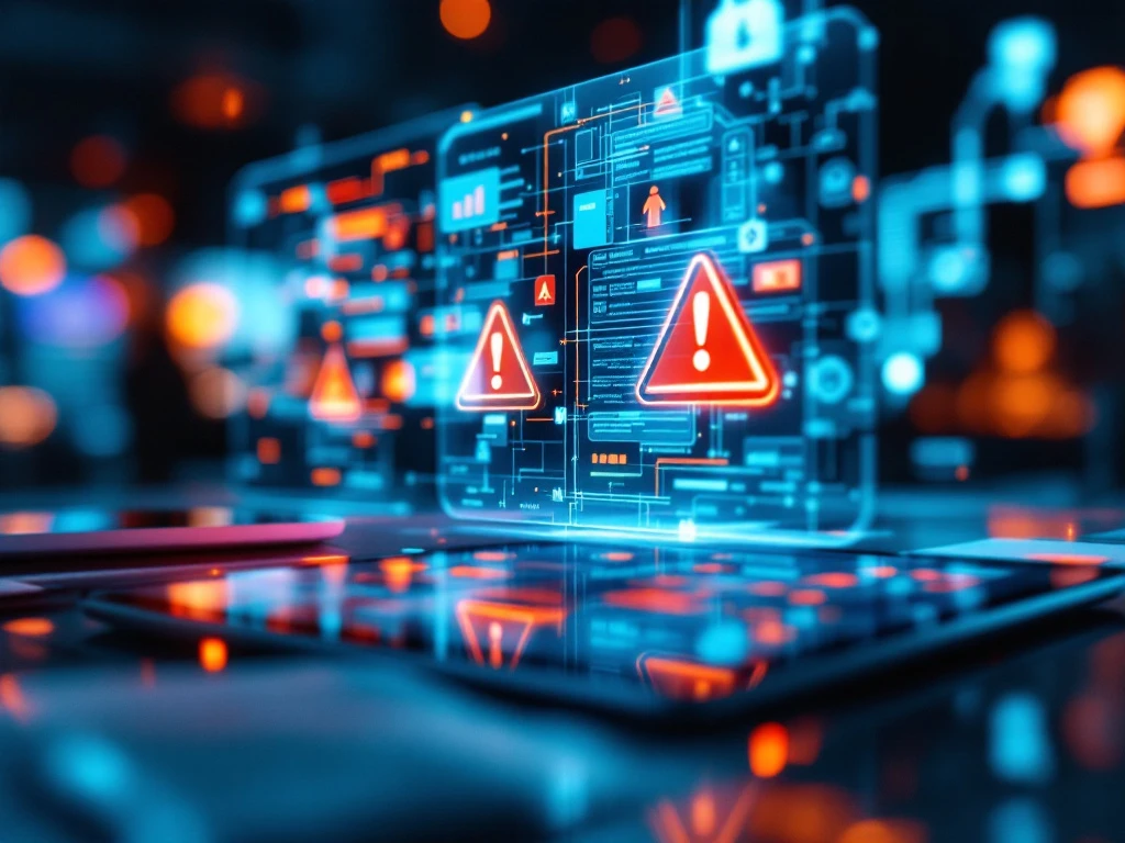 Digital security interface with warning symbols and error alerts on transparent screens above recruitment documents and cybersecurity tablet