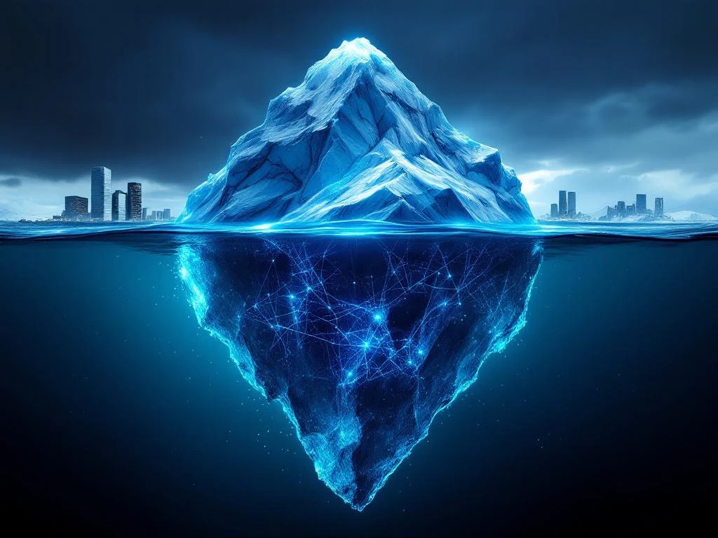 Large iceberg in dark arctic waters with glowing blue digital network patterns, showing massive hidden base beneath surface and corporate buildings reflected in background.