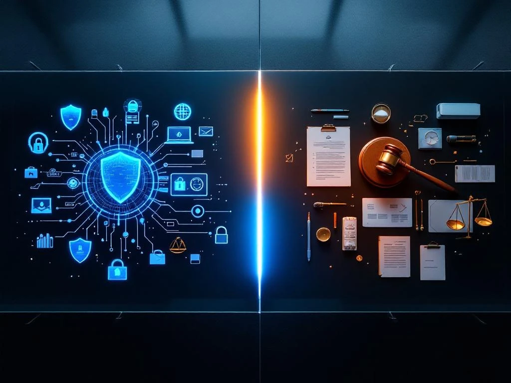 Corporate boardroom table from above showing cybersecurity icons on blue-lit side and legal documents on amber-lit side.