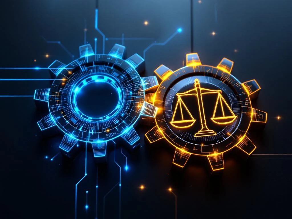 Two interlocking metallic gears on dark surface: one with cyan cybersecurity circuits, other with golden legal scales symbols.