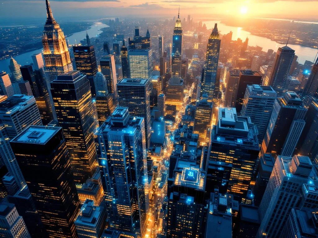 Manhattan Financial District skyscrapers at golden hour with digital security network overlays and glowing circuit patterns