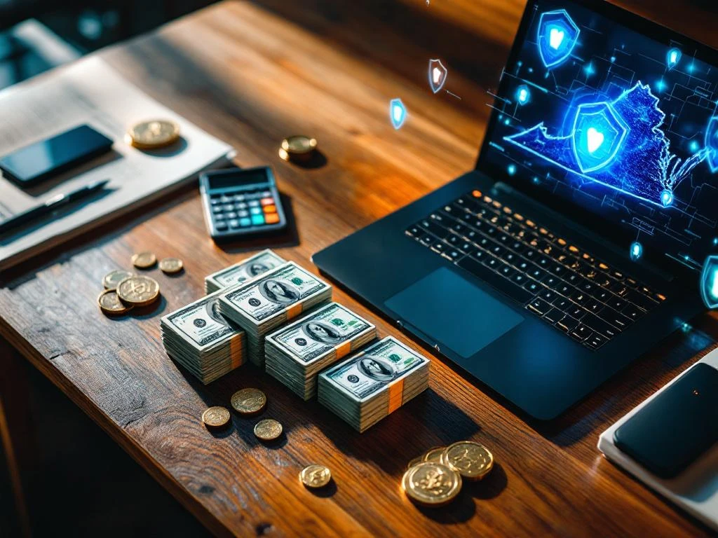 Modern office desk with stacked hundred-dollar bills, laptop showing cybersecurity shield icons, and Virginia map outline