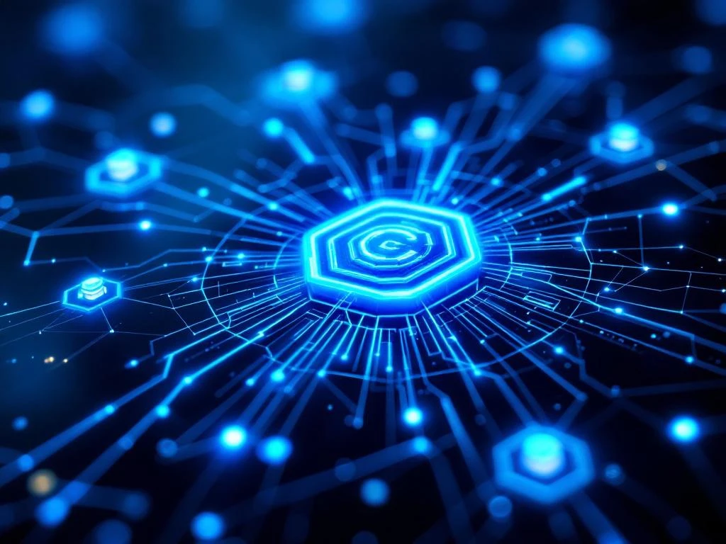 Digital security interface with glowing blue data streams connecting network nodes on dark background