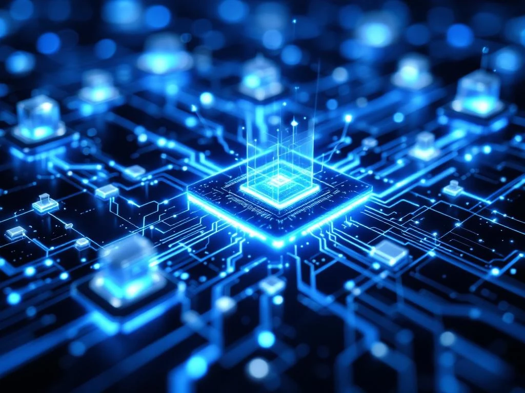 Digital network visualization with glowing blue circuit pathways forming defensive shield structures and security barriers