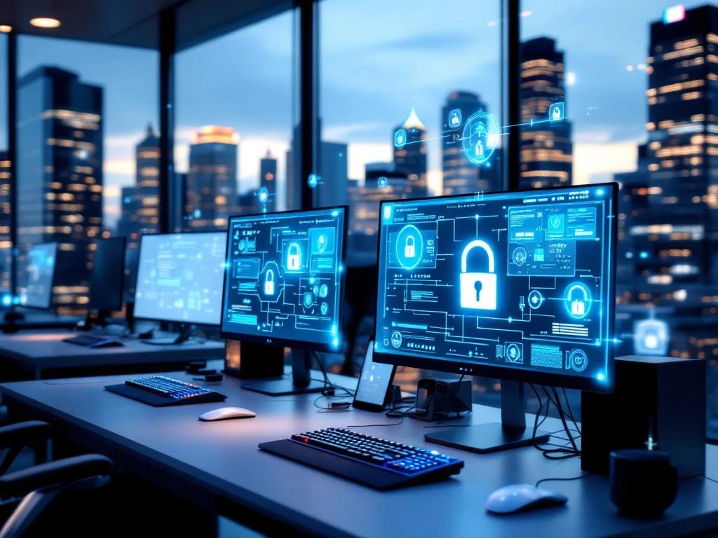 Modern office workstations displaying cybersecurity interfaces with holographic security icons, overlooking Boston tech corridor skyline through floor-to-ceiling windows.