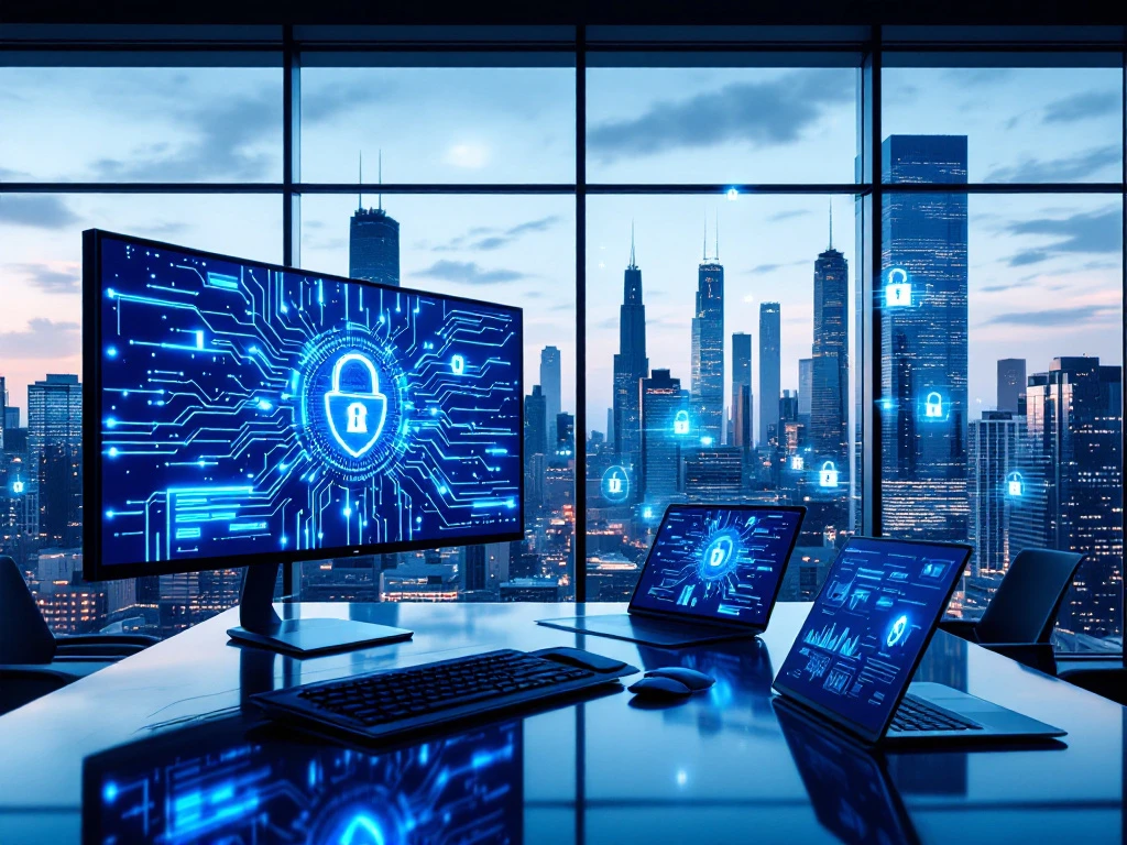 Modern cybersecurity office with multiple monitors displaying network diagrams, overlooking Chicago skyline through windows.
