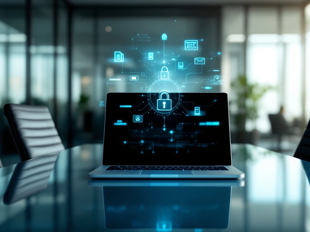 Two modern office chairs face each other across a glass conference table with an open laptop displaying cybersecurity network patterns.