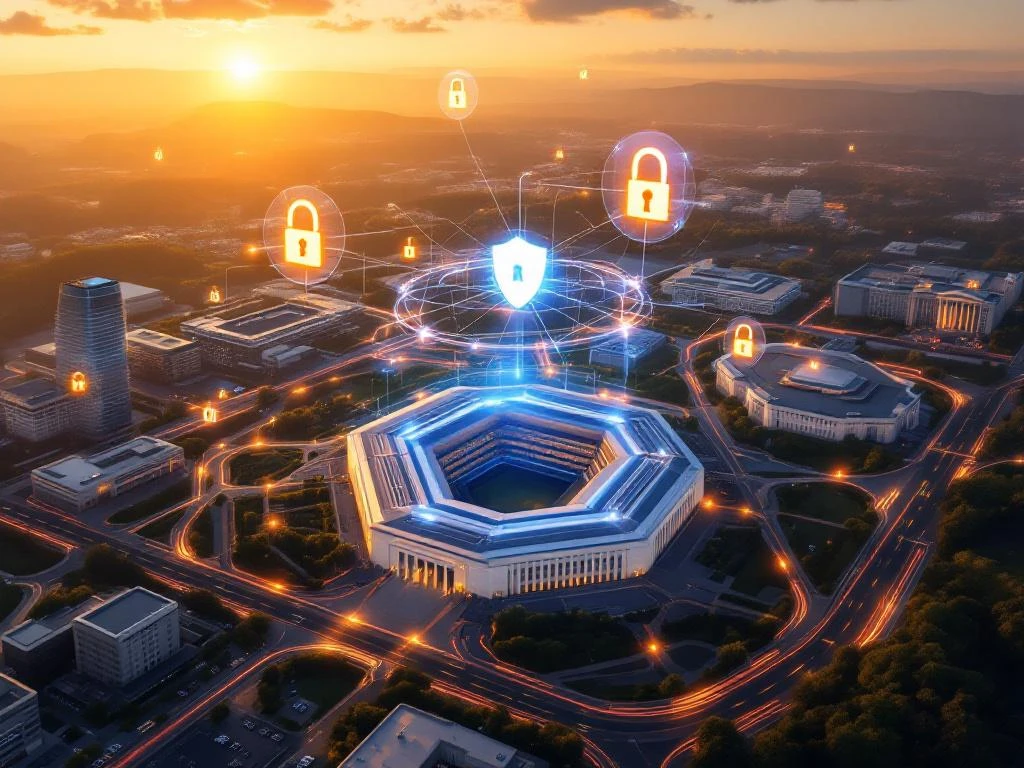 Aerial view of Pentagon and federal buildings in Virginia with digital network connections and cybersecurity icons at golden hour