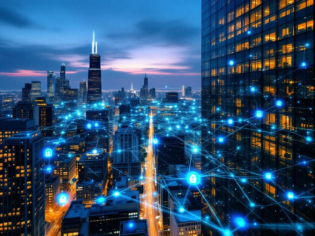 Chicago skyline at dusk with Willis Tower and downtown buildings featuring digital security overlays on modern office building