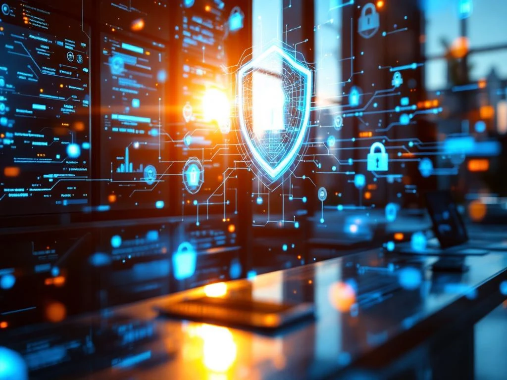 Cybersecurity server infrastructure with glowing blue circuits and digital security shields in modern tech office