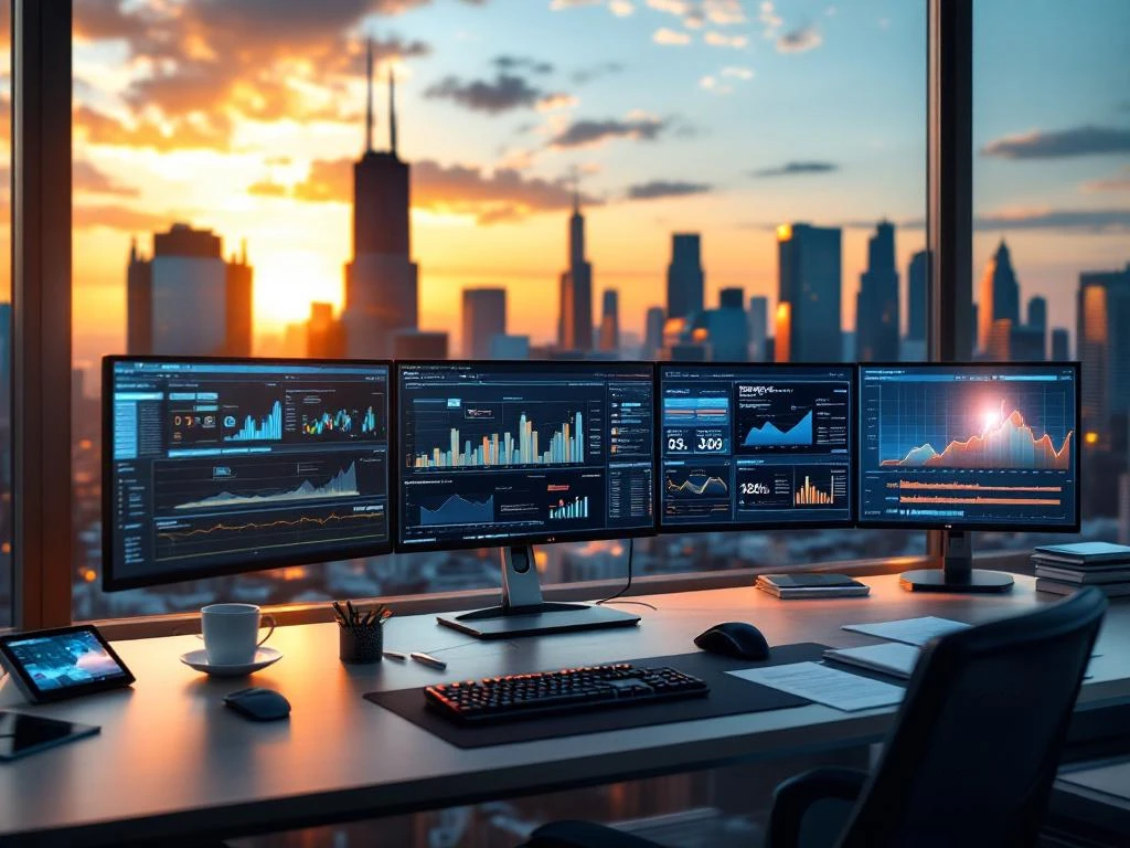 Modern office desk with cybersecurity monitoring screens and data analytics overlooking Chicago skyline at golden hour