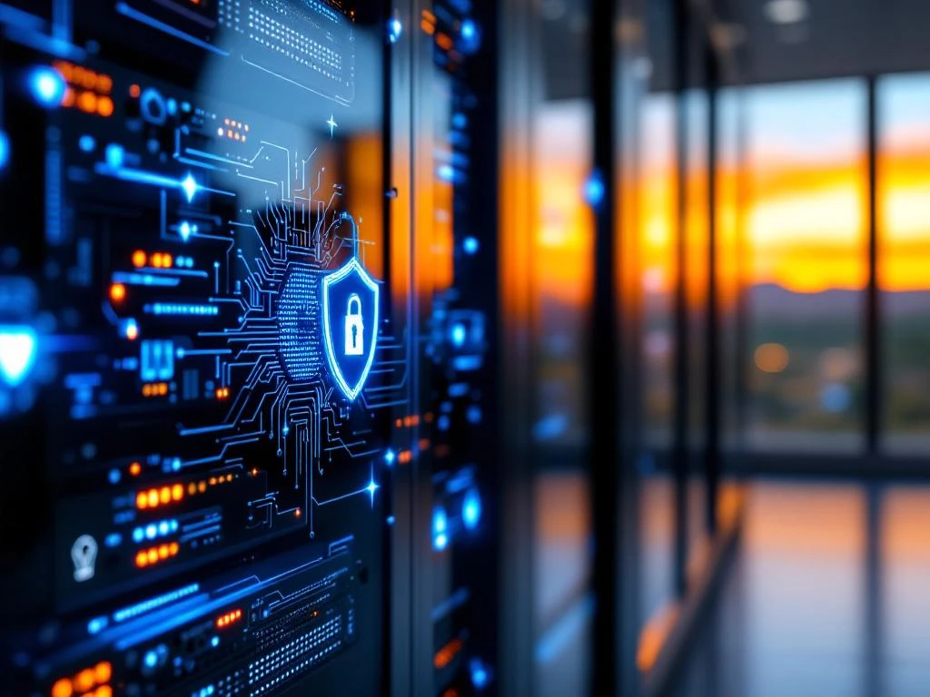 Modern server rack with glowing blue security locks and cybersecurity icons, California hills visible through window