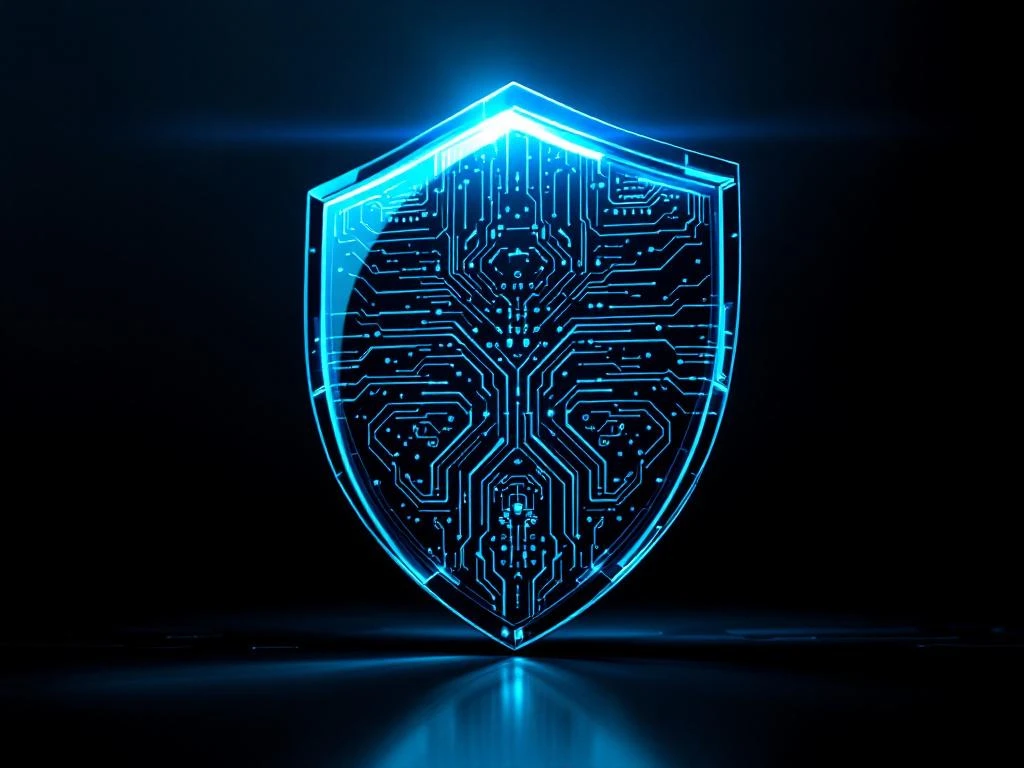 Digital security shield with circuit patterns flanked by armor plating and emergency equipment on dark background