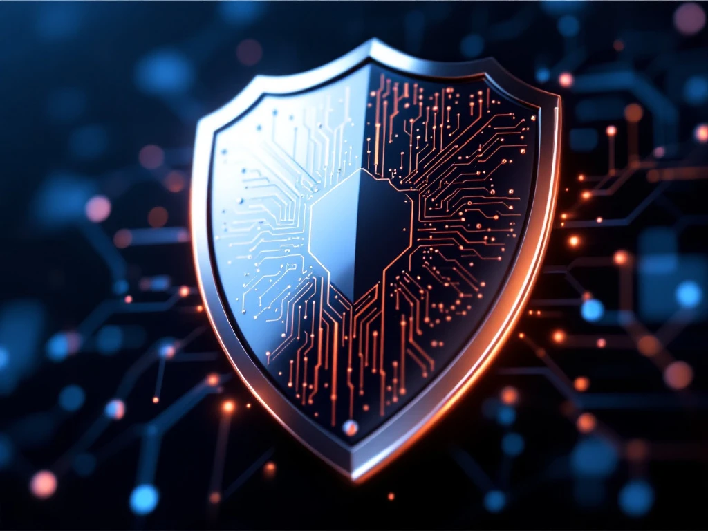 Metallic cybersecurity shield with circuit board patterns against blue gradient background with network connection graphics