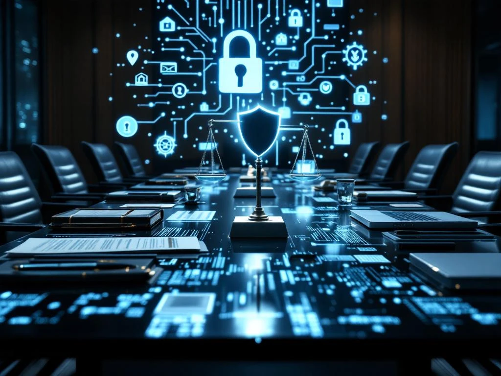Corporate boardroom with traditional office items on one side and contractor equipment on other, balanced scale with cybersecurity symbols above