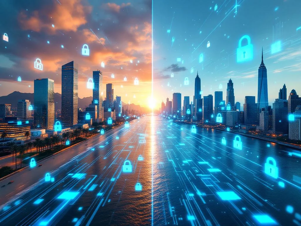 Split-screen view of California's golden coastline with glass towers and New York's urban waterfront connected by glowing cybersecurity icons