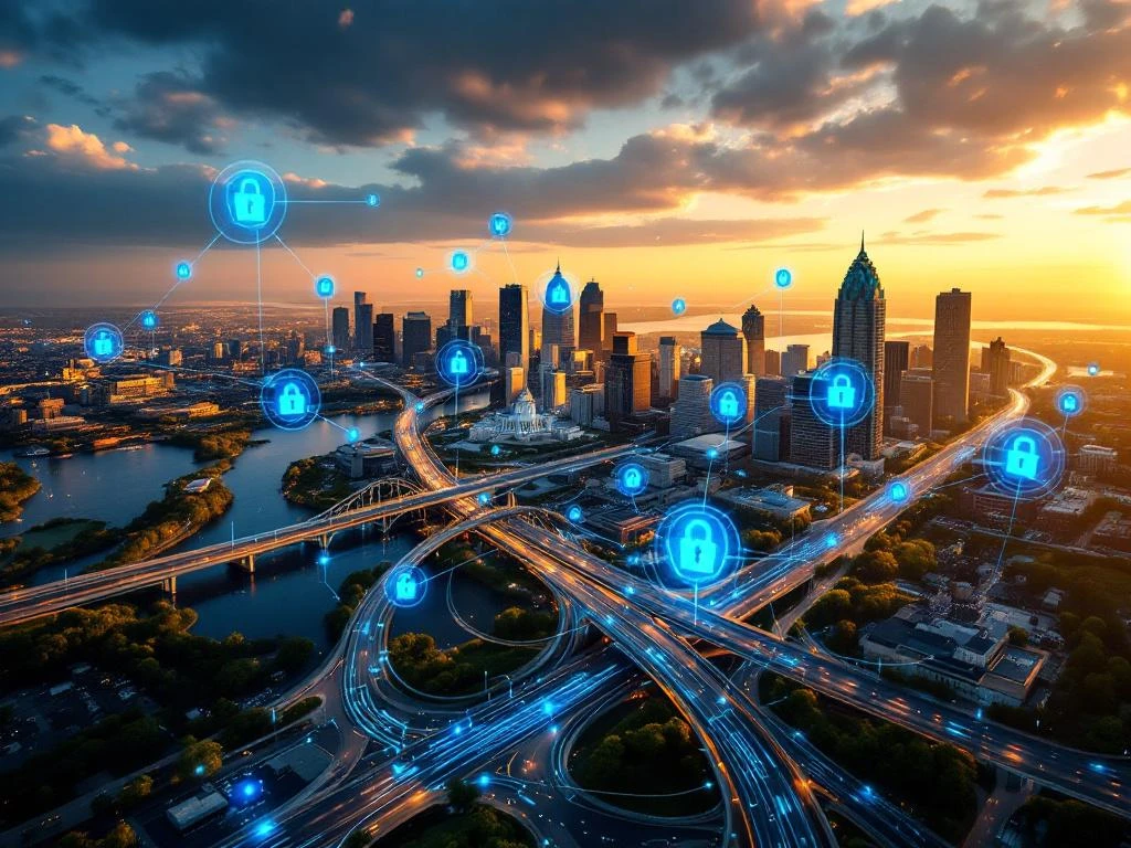 Aerial view of Maryland's Chesapeake Bay Bridge with digital cybersecurity shields and data streams connecting buildings below.