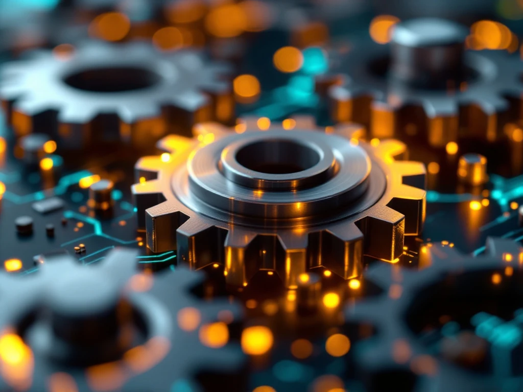 Chrome gears interlocking with glowing circuit patterns in blue and gold, representing technology teamwork and business growth synergy.