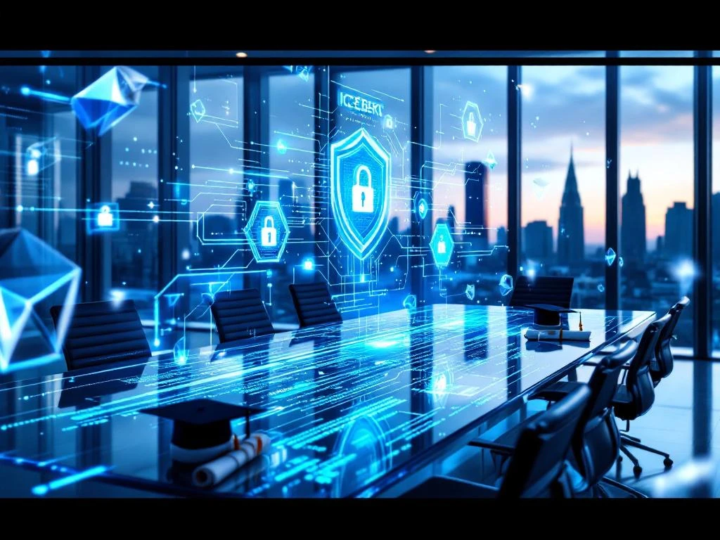 Modern cybersecurity office with Boston skyline view, holographic network diagrams, computer workstations, and educational elements