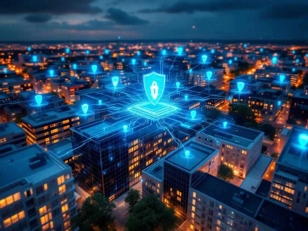 Aerial view of Virginia's tech corridor at dusk with modern office buildings, glowing cybersecurity shields, and data streams.