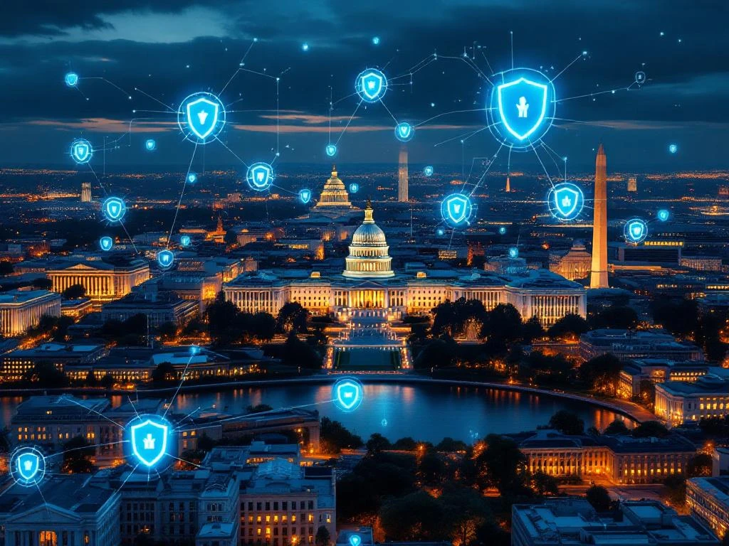 Aerial view of illuminated Washington D.C. Capitol building at dusk with digital cybersecurity overlay and data streams