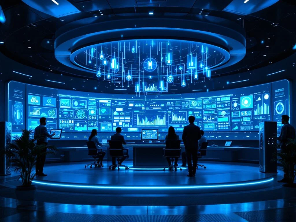 Modern digital command center with curved monitors displaying data networks, chrome surfaces, LED lighting, and holographic displays.