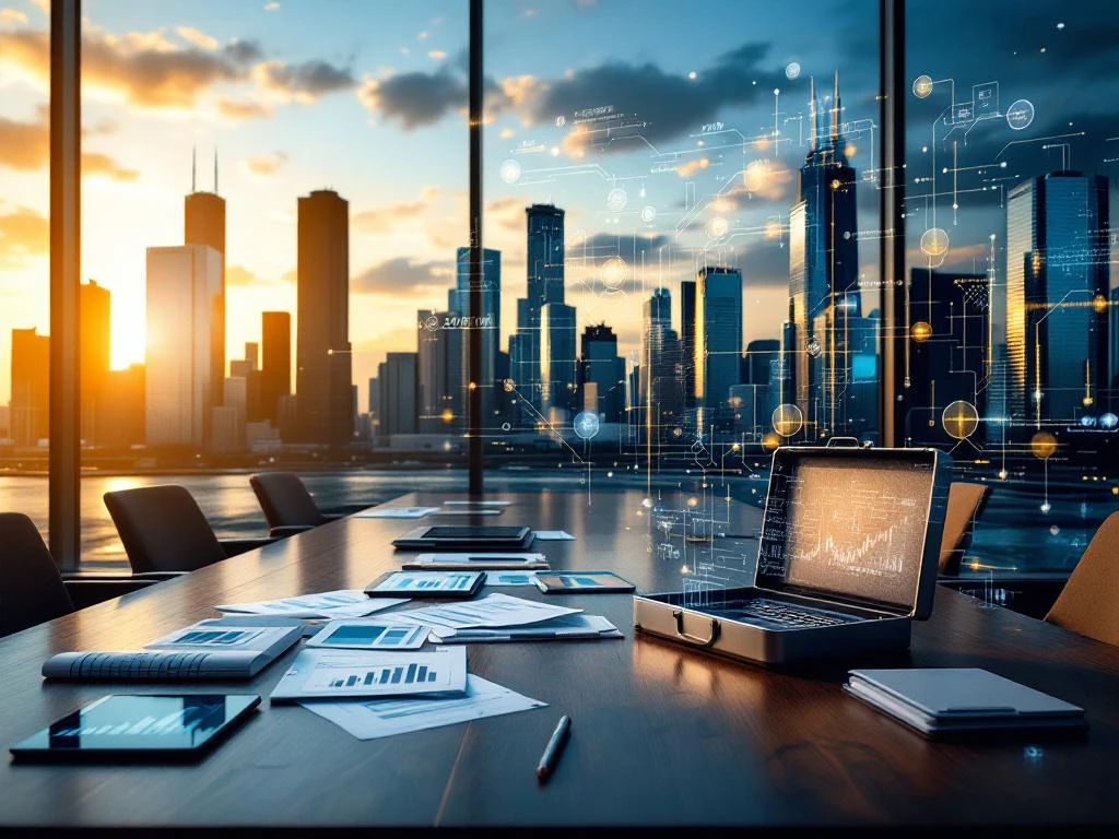 Chicago skyline at golden hour with conference table displaying legal documents, tablets, and briefcase in foreground