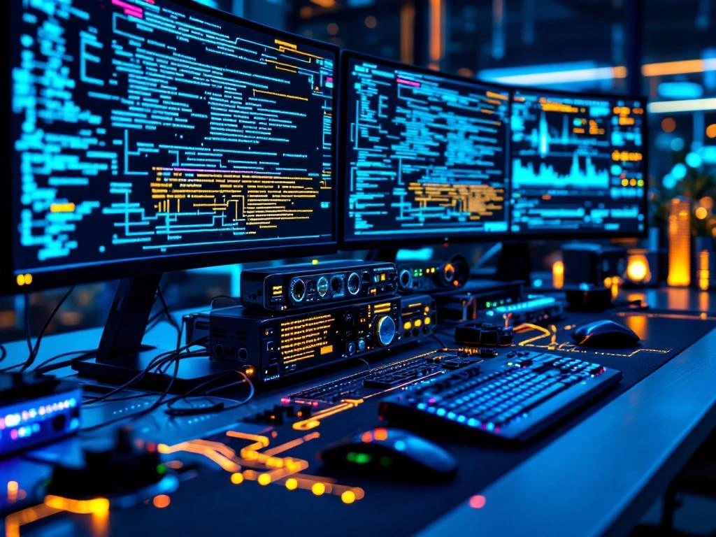 Digital forensics equipment on modern desk with computer monitors displaying encrypted data, LED analyzers, and magnifying glasses in Texas tech office