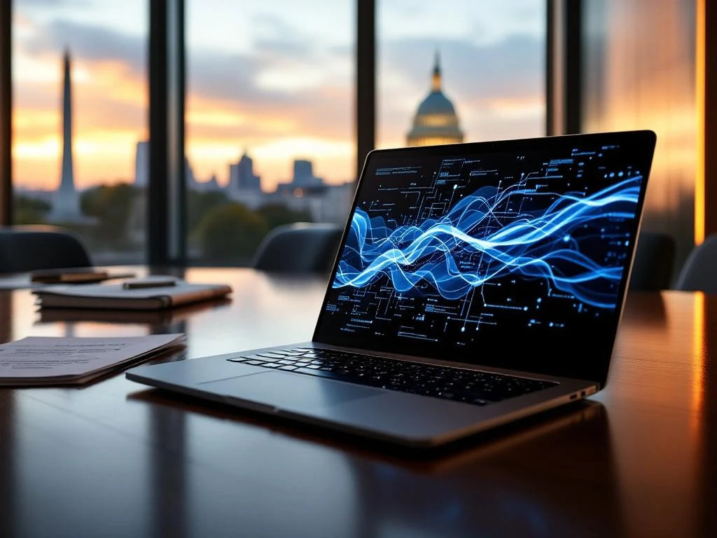 Modern laptop displaying digital forensics data on mahogany conference table in Washington DC law firm with Monument view