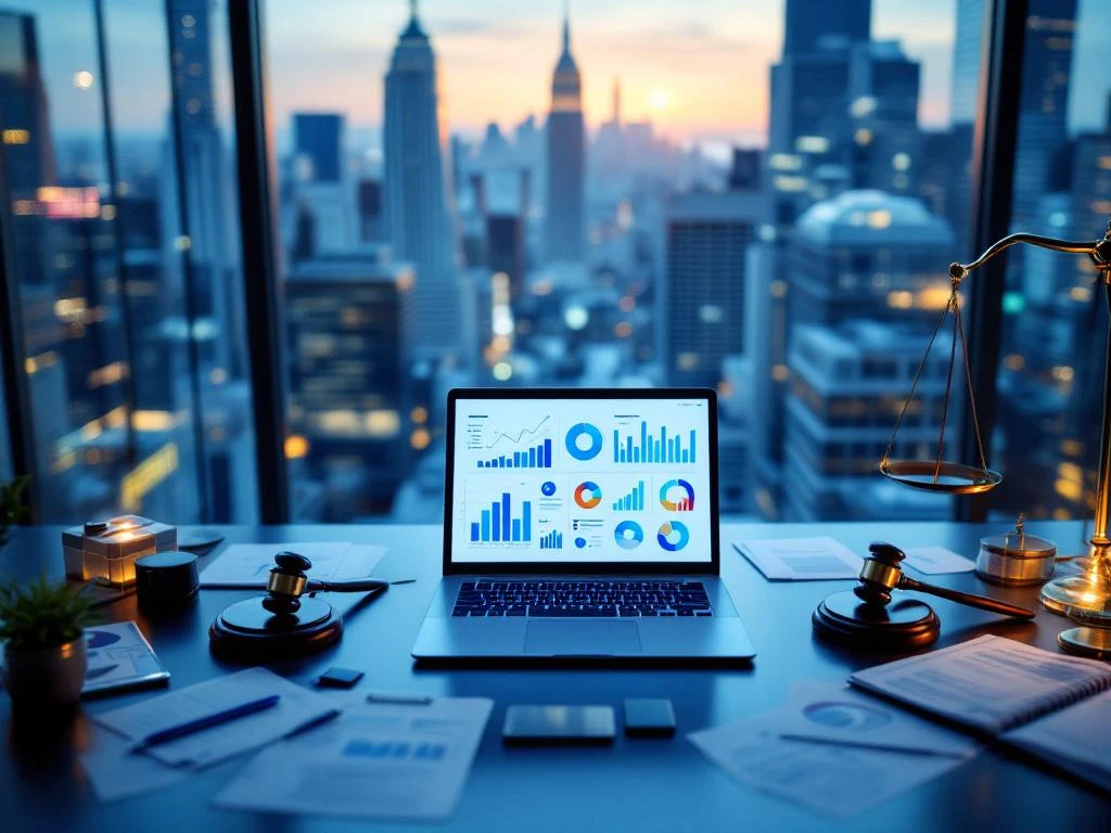 Modern office desk with laptop displaying digital forensics data charts, legal documents, gavel, and NYC skyline view