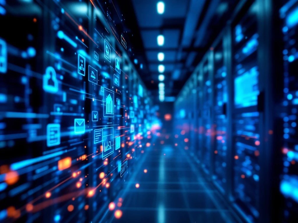 Modern server room with illuminated data storage units and holographic display showing floating digital documents and network connections.