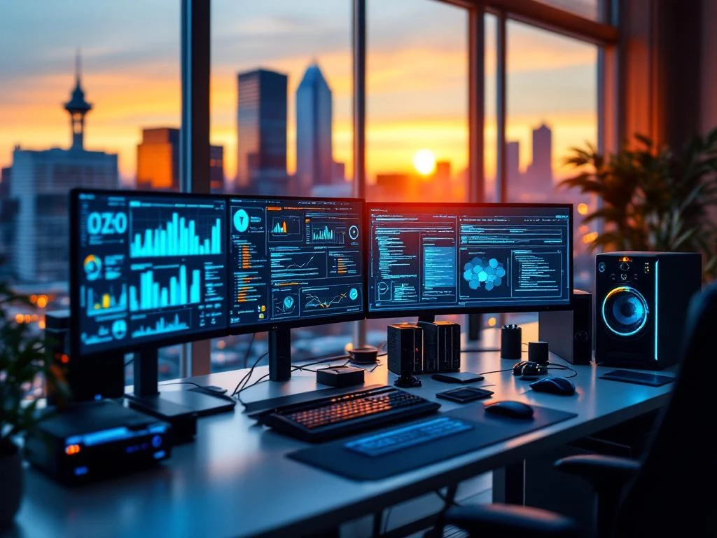 Modern computer workstation with multiple monitors displaying digital forensics analysis and cybersecurity data in Virginia tech office